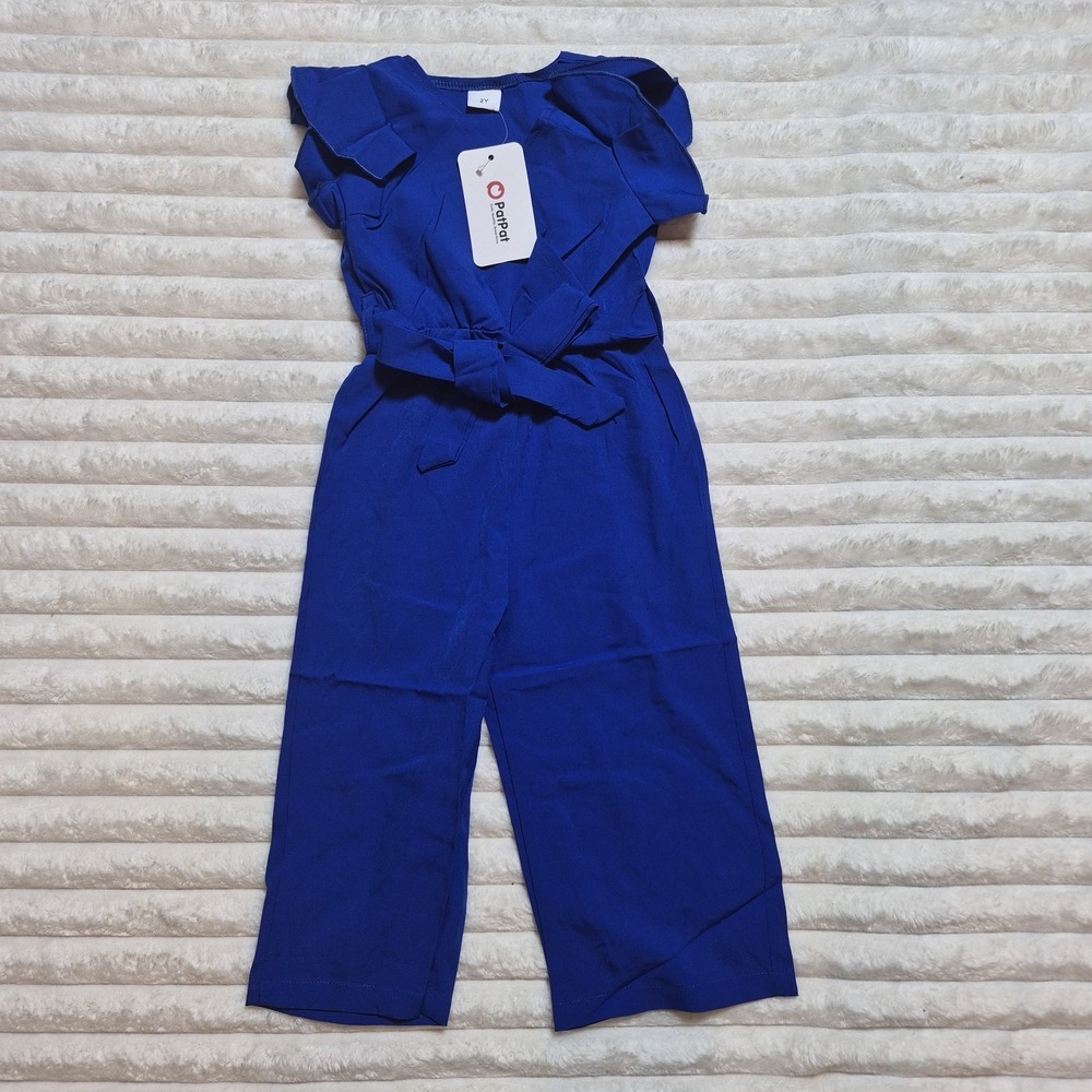 PatPat Royal Blue Flutter Sleeve Jumpsuit Toddler Girls Size 2Y Wide Leg Belted
